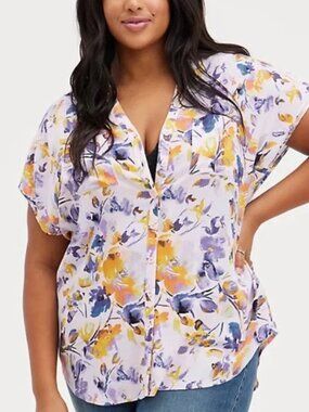 Torrid Floral Print Rayon Slub Button-Front Dolman Purple Top Plus Size 4X